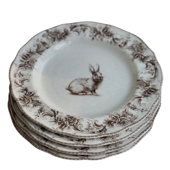 222 Fifth ARABELLA Brown & White Bunny Dinner Plates 12in Set of 4 New - Picture 4 of 10
